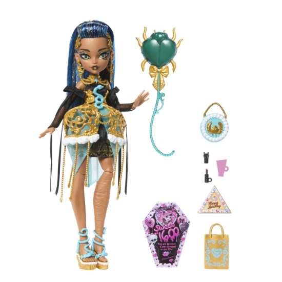 Imagine MONSTER HIGH ZIUA DE NASTERE DULCE SI INFRICOSATOARE PAPUSA CLEO DE NILE CU ACCESORII