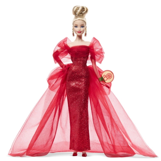 Imagine BARBIE SIGNATURE ANIVERSARE 80 DE ANI PAPUSA BARBIE BLONDA CU ROCHIE DE BAL ROSIE
