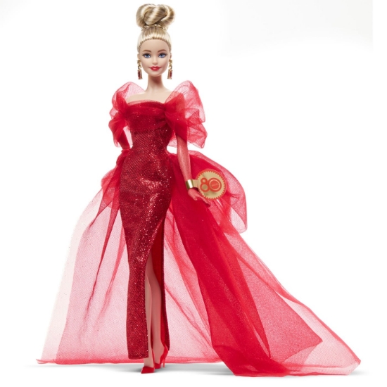 Imagine BARBIE SIGNATURE ANIVERSARE 80 DE ANI PAPUSA BARBIE BLONDA CU ROCHIE DE BAL ROSIE