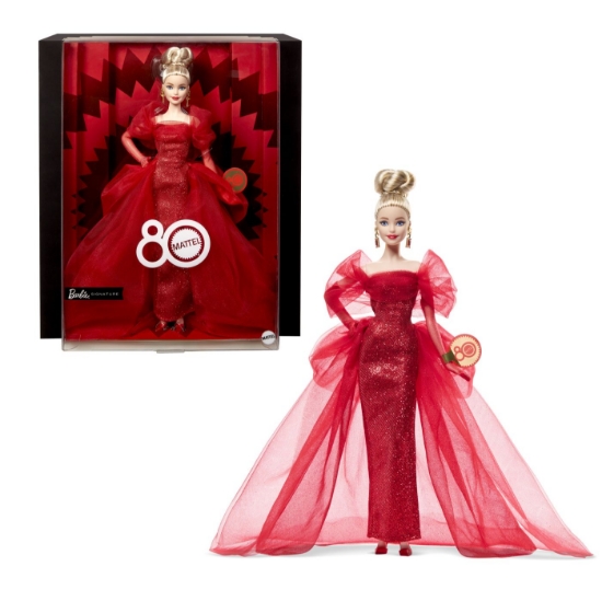 Imagine BARBIE SIGNATURE ANIVERSARE 80 DE ANI PAPUSA BARBIE BLONDA CU ROCHIE DE BAL ROSIE