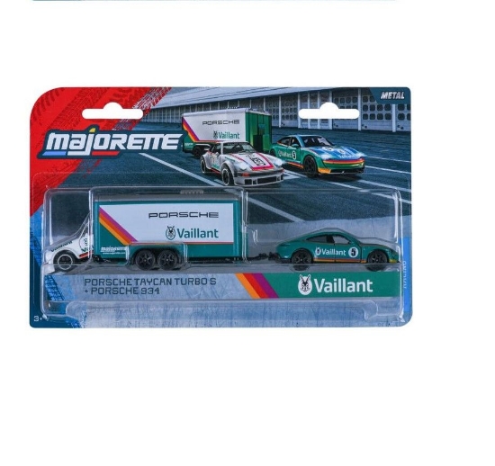 Imagine Majorette Transporter Set remorcă de curse Deluxe Porsche Taycan Turbo S și mașinuță Porsche 934