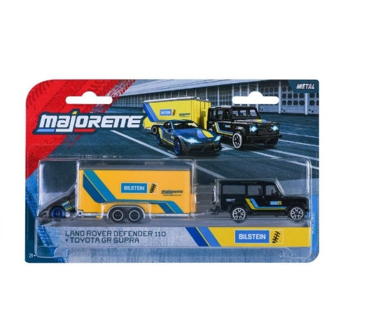 Imagine Majorette Transporter Set remorcă de curse Deluxe Land Rover Defender 110 și mașinuță Toyota GR Supra