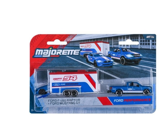 Imagine Majorette Transporter Set remorcă de curse Deluxe Ford F-150 Raptor și mașinuță Ford Mustang GT