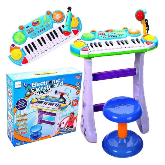 Imagine Instrument muzical pianină electronică Malplay cu scaun și microfon 45 cm înălțime albastru