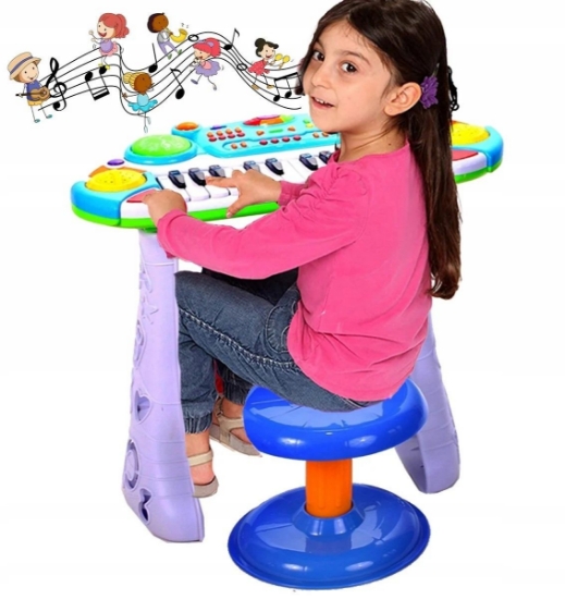 Imagine Instrument muzical pianină electronică Malplay cu scaun și microfon 45 cm înălțime albastru