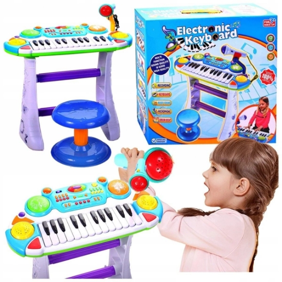 Imagine Instrument muzical pianină electronică Malplay cu scaun și microfon 45 cm înălțime albastru