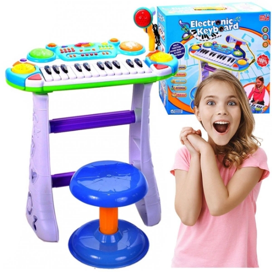 Imagine Instrument muzical pianină electronică Malplay cu scaun și microfon 45 cm înălțime albastru