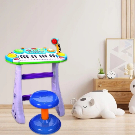 Imagine Instrument muzical pianină electronică Malplay cu scaun și microfon 45 cm înălțime albastru