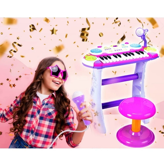 Imagine Instrument muzical pianină electronică Malplay cu scaun și microfon 45 cm înălțime roz