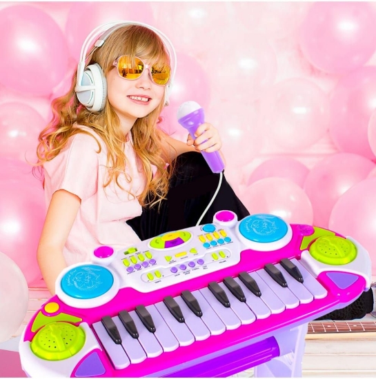 Imagine Instrument muzical pianină electronică Malplay cu scaun și microfon 45 cm înălțime roz