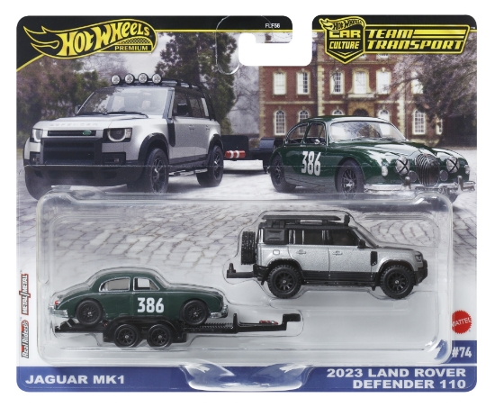 Imagine HOT WHEELS TRANSPORTATOR LAND ROVER DEFENDER 110 2023 CU MASINUTA JAGUAR MK1 SCARA 1 LA 64