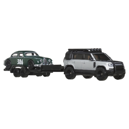 Imagine HOT WHEELS TRANSPORTATOR LAND ROVER DEFENDER 110 2023 CU MASINUTA JAGUAR MK1 SCARA 1 LA 64