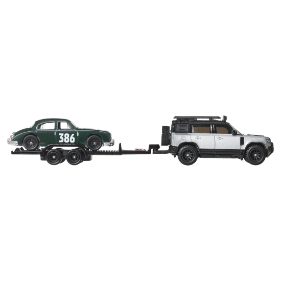 Imagine HOT WHEELS TRANSPORTATOR LAND ROVER DEFENDER 110 2023 CU MASINUTA JAGUAR MK1 SCARA 1 LA 64