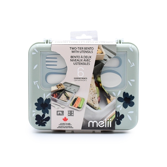 Imagine CUTIE PRANZ BENTO 2 NIVELE CU TACAMURI MELII FLORI ALBASTRE
