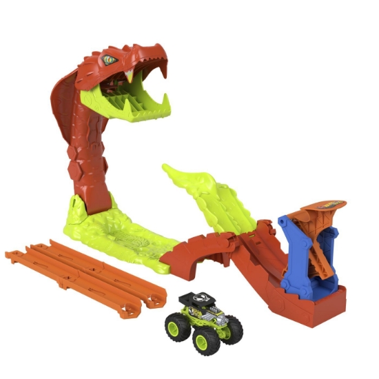 Imagine HOT WHEELS MONSTER TRUCK SET DE JOACA PISTA INVINGE SARPELE URIAS CU MASINUTA BONE SHAKER INCLUSA