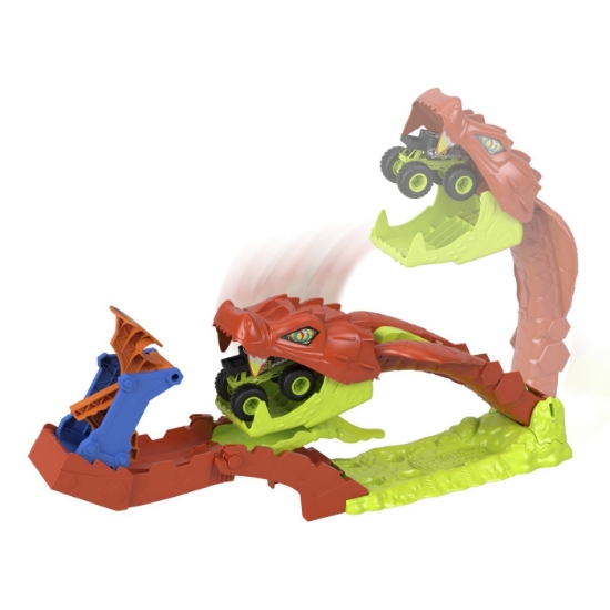 Imagine HOT WHEELS MONSTER TRUCK SET DE JOACA PISTA INVINGE SARPELE URIAS CU MASINUTA BONE SHAKER INCLUSA