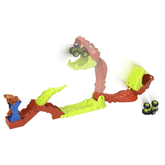 Imagine HOT WHEELS MONSTER TRUCK SET DE JOACA PISTA INVINGE SARPELE URIAS CU MASINUTA BONE SHAKER INCLUSA