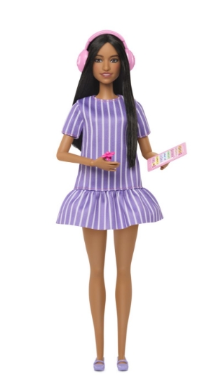Imagine BARBIE PAPUSA BARBIE FASHIONISTAS BRUNETA CU ROCHIE MOV DUNGATA CU AUTISM