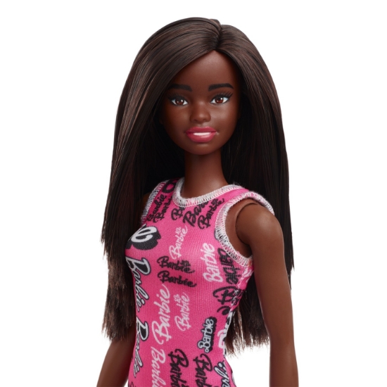 Imagine BARBIE PAPUSA CLASICA BRUNETA CU ROCHITA ROZ CU IMPRIMEU BARBIE