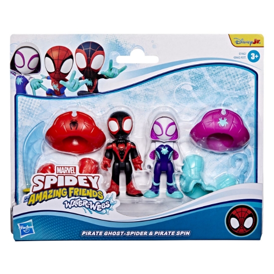 Imagine SPIDEY SI PRIETENII LUI UIMITORI MARVEL WATER WEBS SET 2 FIGURINE GHOST SPIDER SI PIRATE SPIN CU ACCESORII
