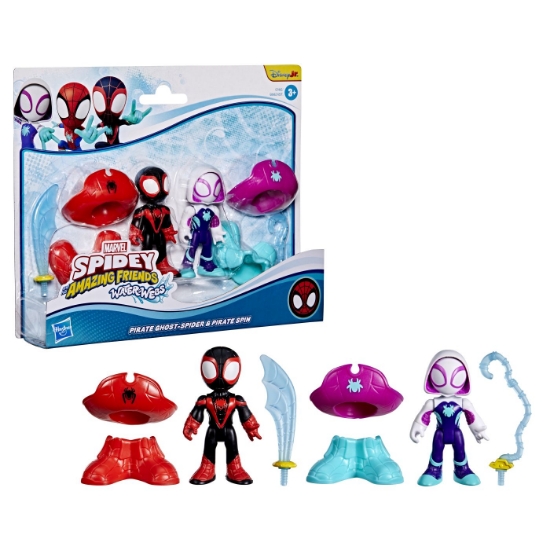 Imagine SPIDEY SI PRIETENII LUI UIMITORI MARVEL WATER WEBS SET 2 FIGURINE GHOST SPIDER SI PIRATE SPIN CU ACCESORII