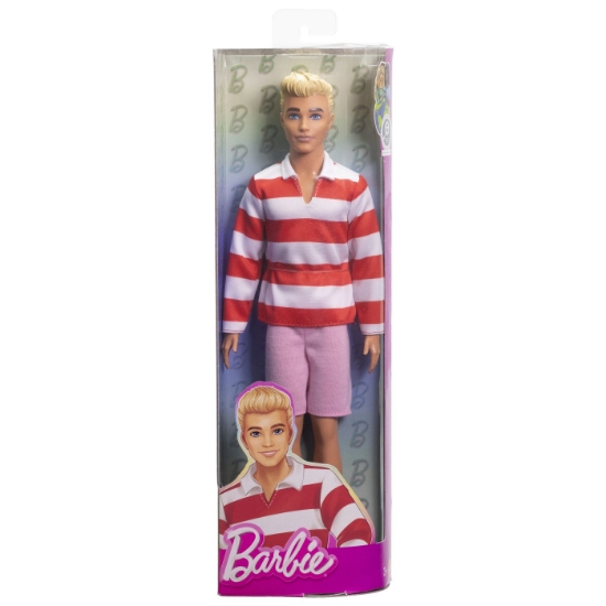 Imagine BARBIE FASHIONISTAS PAPUSA KEN BLOND CU BLUZA POLO DUNGI ROSII ALBE