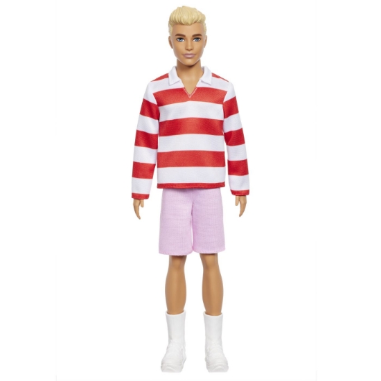 Imagine BARBIE FASHIONISTAS PAPUSA KEN BLOND CU BLUZA POLO DUNGI ROSII ALBE