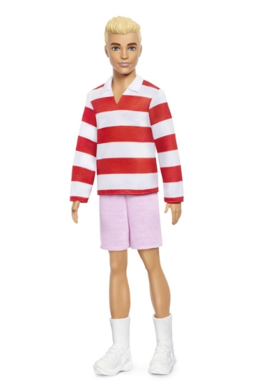 Imagine BARBIE FASHIONISTAS PAPUSA KEN BLOND CU BLUZA POLO DUNGI ROSII ALBE