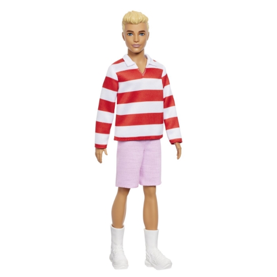 Imagine BARBIE FASHIONISTAS PAPUSA KEN BLOND CU BLUZA POLO DUNGI ROSII ALBE
