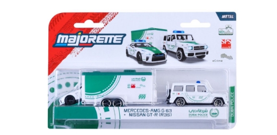 Imagine MAJORETTE SET REMORCA DE POLITIE DUBAI DELUXE MERCEDES AMG G63 SI MASINUTA NISSAN GT-R R35