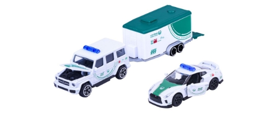 Imagine MAJORETTE SET REMORCA DE POLITIE DUBAI DELUXE MERCEDES AMG G63 SI MASINUTA NISSAN GT-R R35