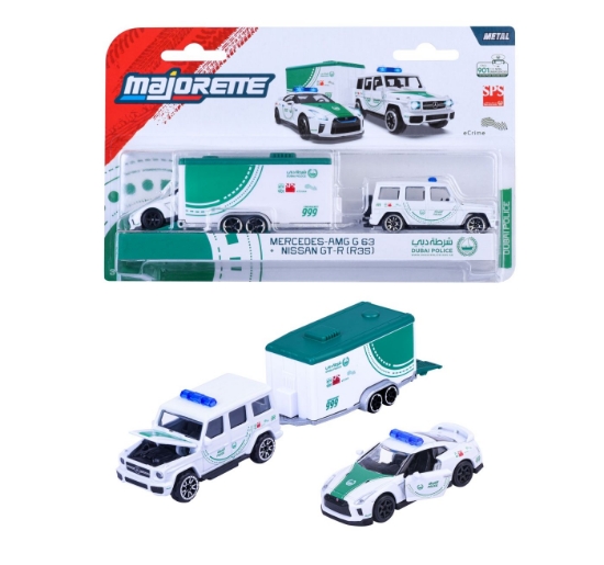 Imagine MAJORETTE SET REMORCA DE POLITIE DUBAI DELUXE MERCEDES AMG G63 SI MASINUTA NISSAN GT-R R35