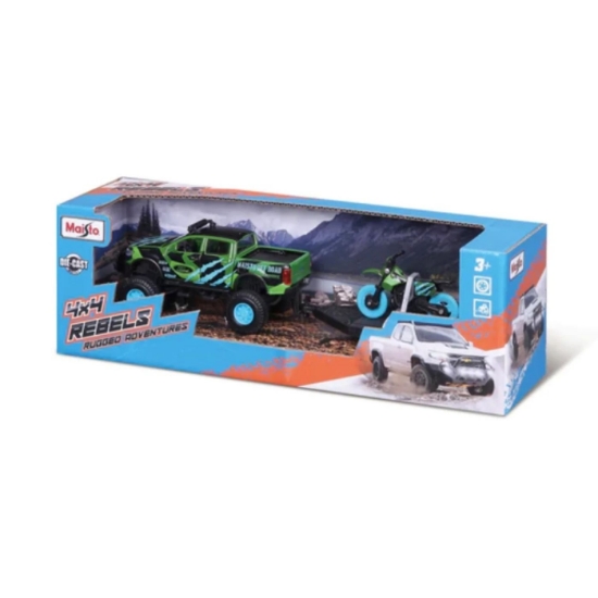 Imagine MAISTO MASINUTA METALICA 4X4 REBELS RUGGED ADVENTURES CU REMORCA VERDE
