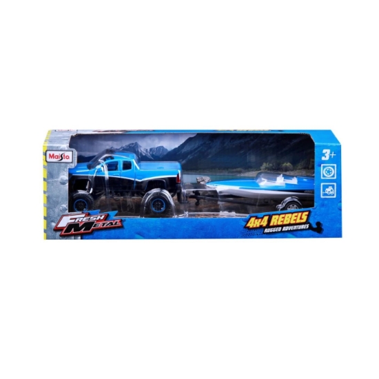 Imagine MAISTO MASINUTA METALICA 4X4 REBELS RUGGED ADVENTURES CU REMORCA ALBASTRU 