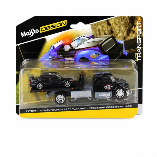 Imagine MAISTO DESIGN ELITE TRANSPORT SET CAMION CU RAMPA INTERNATIONAL DURASTAR FLATBED SI MASINUTA MERCEDES BENZ 190E 1990 SCARA 1 LA 64