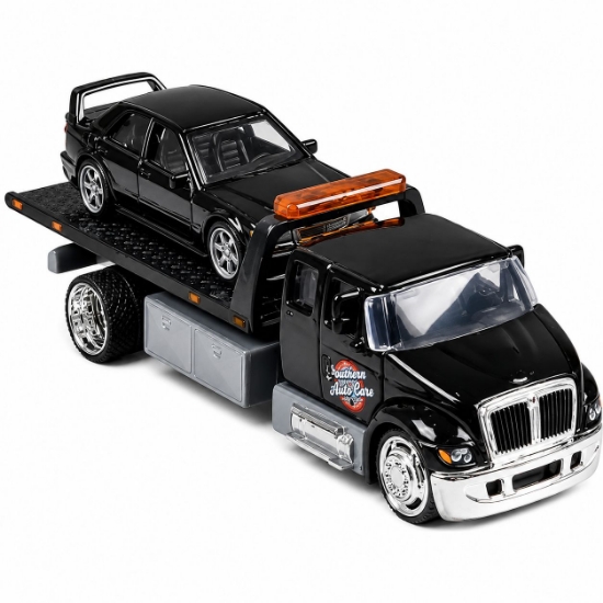 Imagine MAISTO DESIGN ELITE TRANSPORT SET CAMION CU RAMPA INTERNATIONAL DURASTAR FLATBED SI MASINUTA MERCEDES BENZ 190E 1990 SCARA 1 LA 64