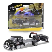 Imagine MAISTO DESIGN ELITE TRANSPORT SET CAMION CU RAMPA INTERNATIONAL DURASTAR FLATBED SI MASINUTA MERCEDES BENZ 190E 1990 SCARA 1 LA 64
