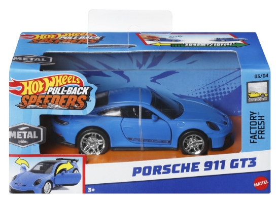 Imagine HOT WHEELS MASINUTA METALICA CU SISTEM PULL BACK PORSCHE 911 GT3 SCARA 1:43