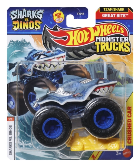 Imagine HOT WHEELS MONSTER TRUCK SHARKS VS DINOS MASINUTA GREAT BITE ECHIPA SHARK SCARA 1 LA 64