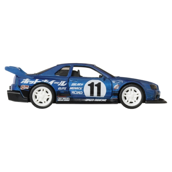 Imagine HOT WHEELS MASINUTA METALICA CU SISTEM PULL BACK NISSAN SKYLINE GT R R34 1999 NIGHT BURNERZ SCARA 1 LA 43