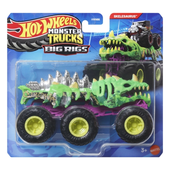 Imagine HOT WHEELS MONSTER TRUCK BIG RIGS MASINUTA METALICA CU 6 ROTI SKELESAURUS SCARA 1 LA 64