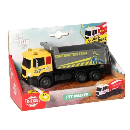 Imagine DICKIE TOYS CITY WORKER  VEHICUL DE CONSTRUCTII CU LUMINI SI SUNETE CAMION GALBEN 17CM