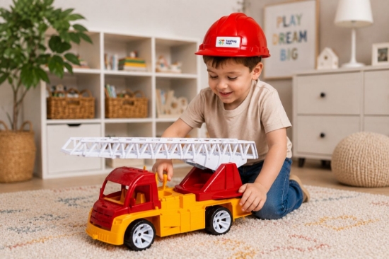 Imagine AUTOSPECIALA POMPIERI CU SCARA SI CASCA ROSU PORTOCALIU 54CM
