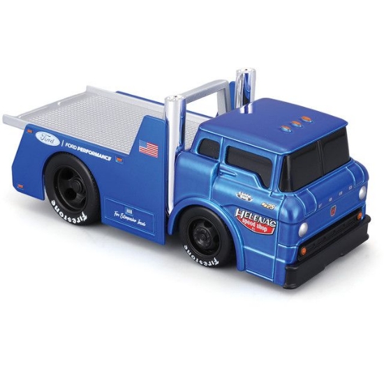 Imagine MAISTO MUSCLE TRANSPORTS SET CAMION CU PLATFORMA FORD C600 FLATBED 1966 SI MASINUTA FORD MUSTANG GT 1969  SCARA 1 LA 64