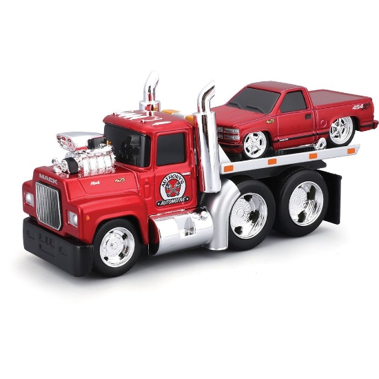 Imagine MAISTO MUSCLE TRANSPORTS SET CAMION CU PLATFORMA MACK R685ST FLATBED 1980 SI MASINUTA CHEVROLET 454 SS PICKUP 1993 SCARA 1 LA 64