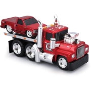 Imagine MAISTO MUSCLE TRANSPORTS SET CAMION CU PLATFORMA MACK R685ST FLATBED 1980 SI MASINUTA CHEVROLET 454 SS PICKUP 1993 SCARA 1 LA 64