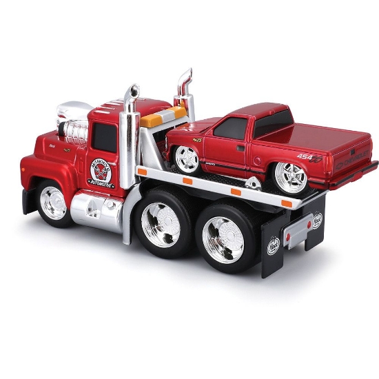 Imagine MAISTO MUSCLE TRANSPORTS SET CAMION CU PLATFORMA MACK R685ST FLATBED 1980 SI MASINUTA CHEVROLET 454 SS PICKUP 1993 SCARA 1 LA 64