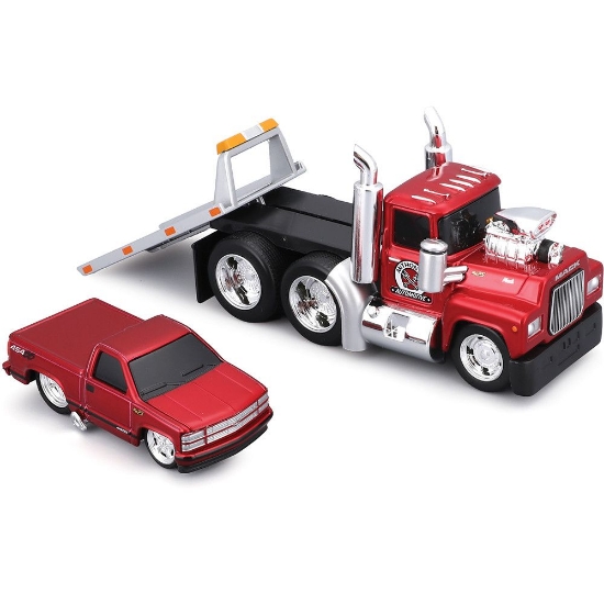 Imagine MAISTO MUSCLE TRANSPORTS SET CAMION CU PLATFORMA MACK R685ST FLATBED 1980 SI MASINUTA CHEVROLET 454 SS PICKUP 1993 SCARA 1 LA 64