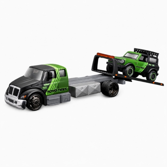 Imagine MAISTO DESIGN ELITE TRANSPORT SET CAMION CU RAMPA INTERNATIONAL DURASTAR FLATBED SI MASINUTA FORD BRONCO WILDTRAK 2021 SCARA 1 LA 64