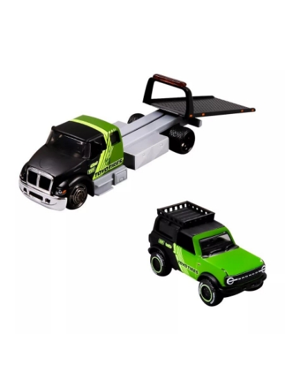 Imagine MAISTO DESIGN ELITE TRANSPORT SET CAMION CU RAMPA INTERNATIONAL DURASTAR FLATBED SI MASINUTA FORD BRONCO WILDTRAK 2021 SCARA 1 LA 64